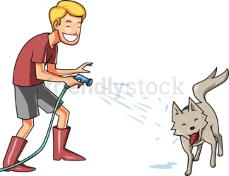 Man squirting his dog with hose. PNG - JPG and vector EPS file formats (infinitely scalable). Image isolated on transparent background.