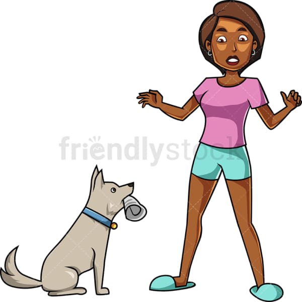 Smart dog delivering paper to black woman. PNG - JPG and vector EPS file formats (infinitely scalable). Image isolated on transparent background.