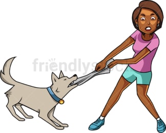 Black woman struggling with her dog. PNG - JPG and vector EPS file formats (infinitely scalable). Image isolated on transparent background.