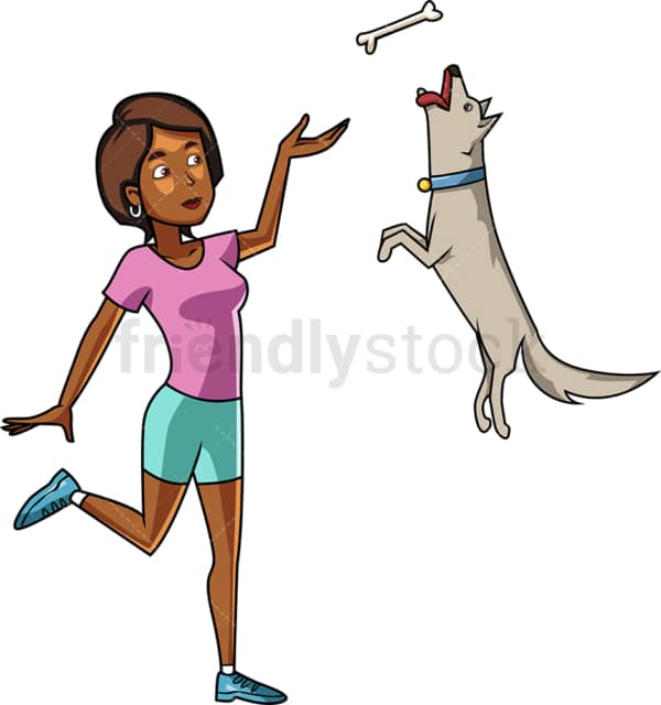 Black woman training her dog. PNG - JPG and vector EPS file formats (infinitely scalable). Image isolated on transparent background.