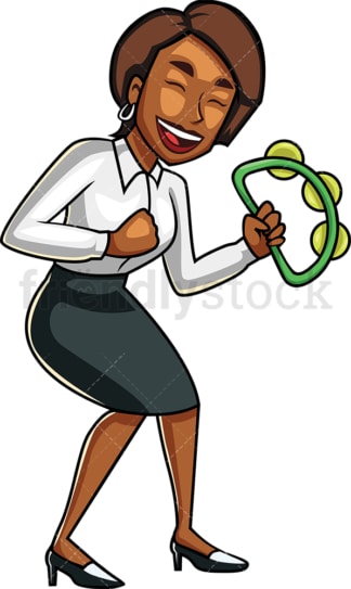 Black businesswoman holding tambourine. PNG - JPG and vector EPS file formats (infinitely scalable). Image isolated on transparent background.