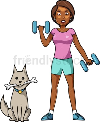 Black woman working out next to dog. PNG - JPG and vector EPS file formats (infinitely scalable). Image isolated on transparent background.