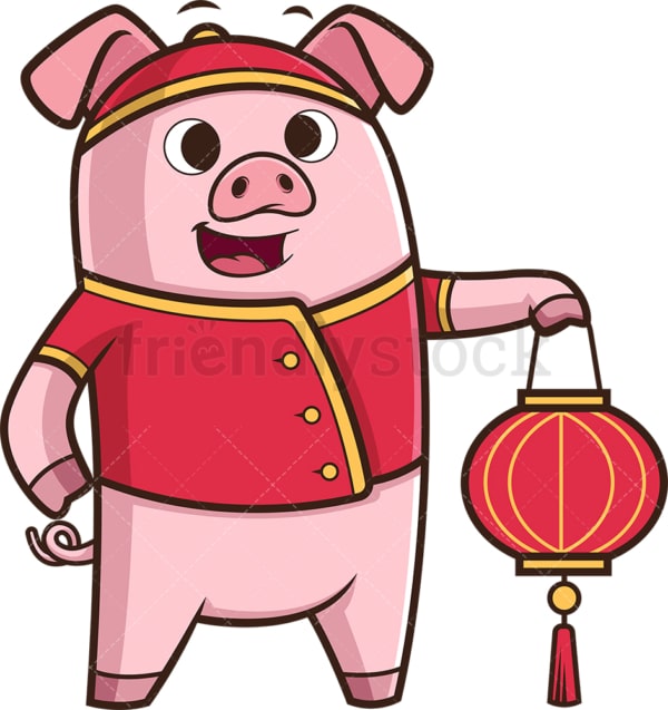 中国のランタン漫画クリップアートベクトルを保持している新年豚 Friendlystock