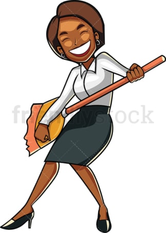 Black businesswoman playing broom-guitar. PNG - JPG and vector EPS file formats (infinitely scalable). Image isolated on transparent background.