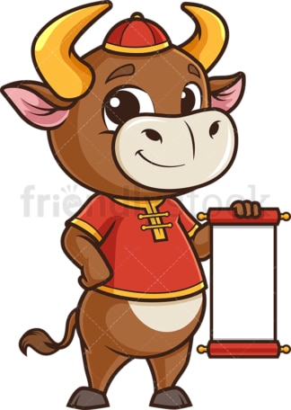 Chinese new year ox holding blank scroll. PNG - JPG and vector EPS (infinitely scalable).
