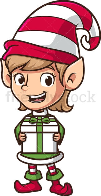 Female christmas elf holding present. PNG - JPG and vector EPS (infinitely scalable).
