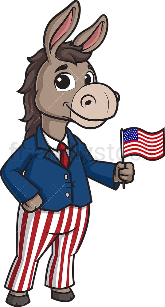 Democrat donkey holding us flag. PNG - JPG and vector EPS (infinitely scalable).