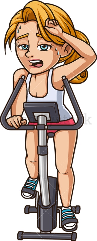 Woman sweating on exercise bike. PNG - JPG and vector EPS (infinitely scalable).