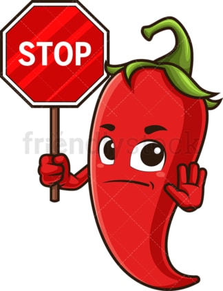 Red chili pepper holding stop sign. PNG - JPG and vector EPS (infinitely scalable).
