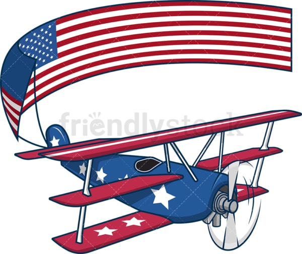 Flying triplane carrying us flag. PNG - JPG and vector EPS file formats (infinitely scalable). Image isolated on transparent background.