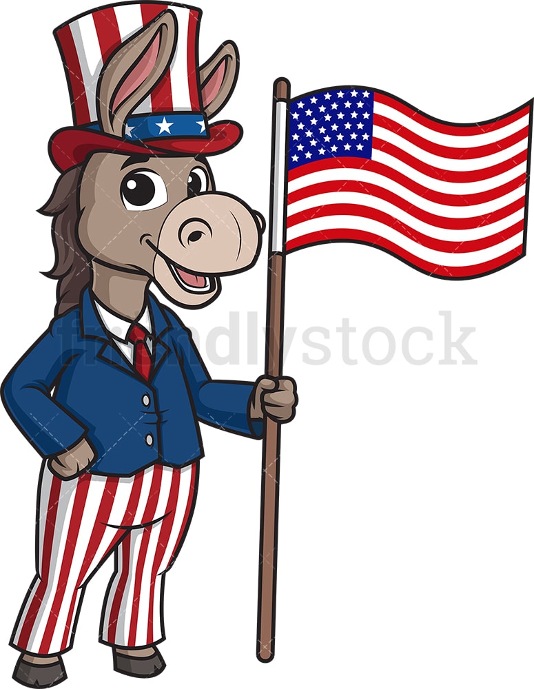 حمار الديمقراطي، حمل العلم الأمريكي، رسم كاريكتوري، سهم التوجيه 