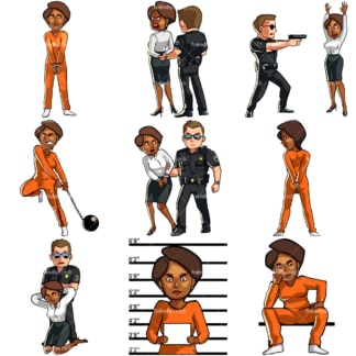 Cartoon black female in legal trouble. PNG - JPG and vector EPS file formats (infinitely scalable). Images isolated on transparent background.