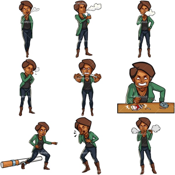 Cartoon black female smoker. PNG - JPG and vector EPS file formats (infinitely scalable). Images isolated on transparent background.