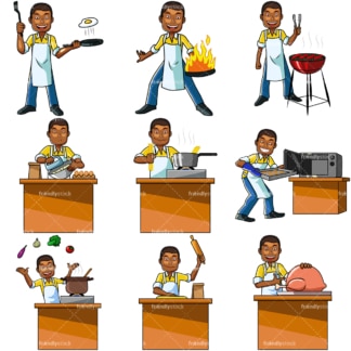 Cartoon black male cooking. PNG - JPG and vector EPS file formats (infinitely scalable). Images isolated on transparent background.