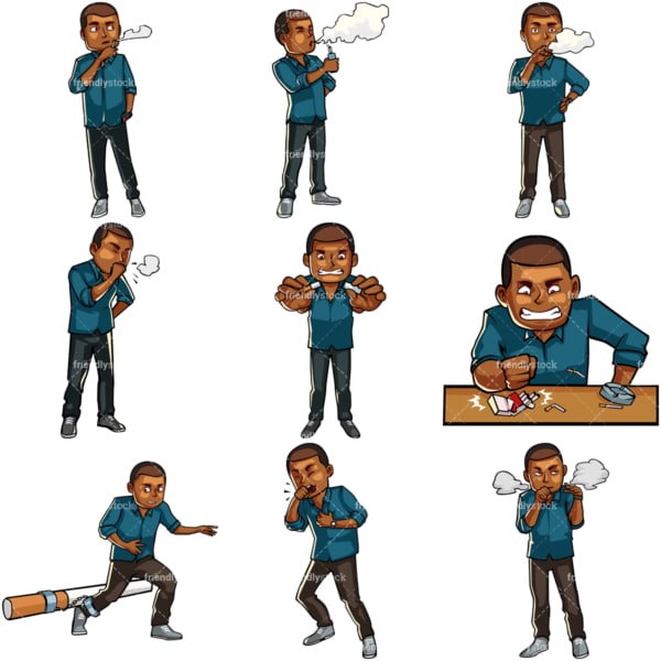 Cartoon black male smoker. PNG - JPG and vector EPS file formats (infinitely scalable). Images isolated on transparent background.