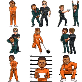 Cartoon black man in legal trouble & under arrest. PNG - JPG and vector EPS file formats (infinitely scalable). Images isolated on transparent background.