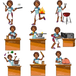 Cartoon black woman cooking. PNG - JPG and vector EPS file formats (infinitely scalable). Images isolated on transparent background.