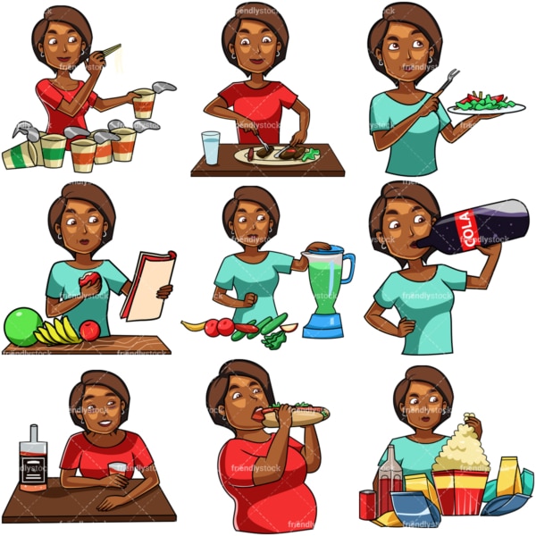 Cartoon black woman eating & drinking. PNG - JPG and vector EPS file formats (infinitely scalable). Images isolated on transparent background.