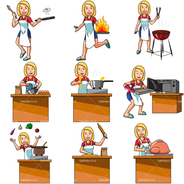Cartoon woman cooking. PNG - JPG and vector EPS file formats (infinitely scalable). Images isolated on transparent background.