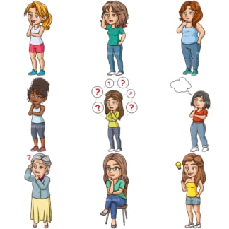 Cartoon women thinking. PNG - JPG and infinitely scalable vector EPS - on white or transparent background.