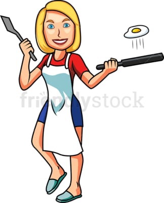 Caucasian woman frying up an egg. PNG - JPG and vector EPS file formats (infinitely scalable). Image isolated on transparent background.