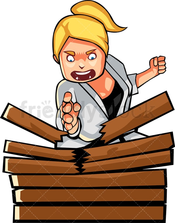 Woman karate chopping stack of wood. PNG - JPG and vector EPS file formats (infinitely scalable). Image isolated on transparent background.