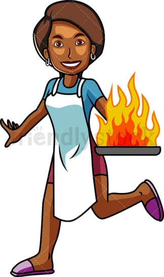 Black woman holding burning frying pan. PNG - JPG and vector EPS file formats (infinitely scalable). Image isolated on transparent background.