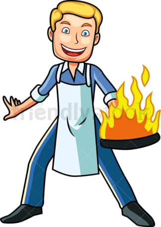 Man holding frying pan in flames. PNG - JPG and vector EPS file formats (infinitely scalable). Image isolated on transparent background.