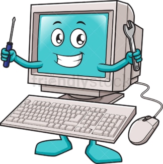 PC mascot holding repair tools. PNG - JPG and vector EPS (infinitely scalable).