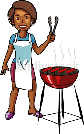 African-American woman grilling hot dogs. PNG - JPG and vector EPS file formats (infinitely scalable). Image isolated on transparent background.