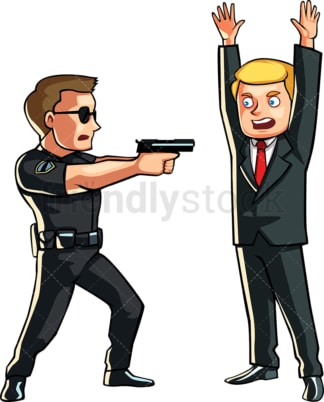 Policeman pointing his gun at businessman. PNG - JPG and vector EPS file formats (infinitely scalable). Image isolated on transparent background.