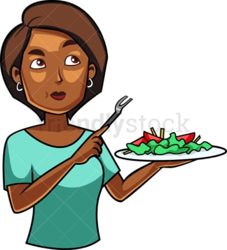 Young black woman eating salad. PNG - JPG and vector EPS file formats (infinitely scalable). Image isolated on transparent background.
