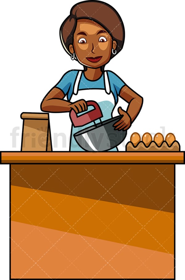 Black woman using mixer while baking. PNG - JPG and vector EPS file formats (infinitely scalable). Image isolated on transparent background.