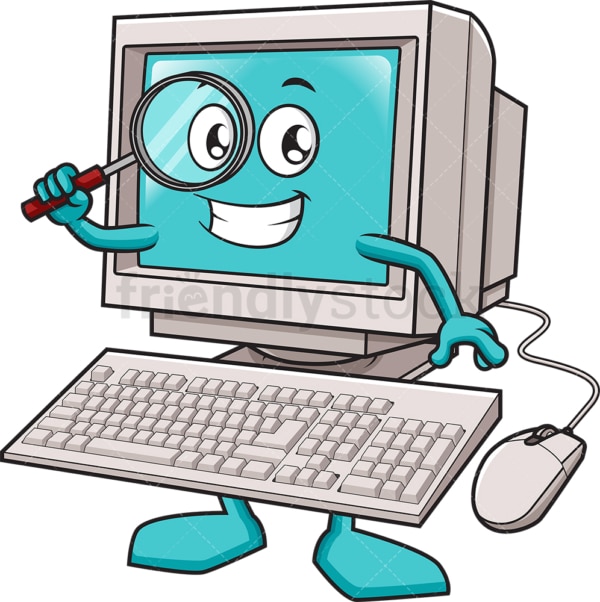 Computer holding magnifying glass. PNG - JPG and vector EPS (infinitely scalable).