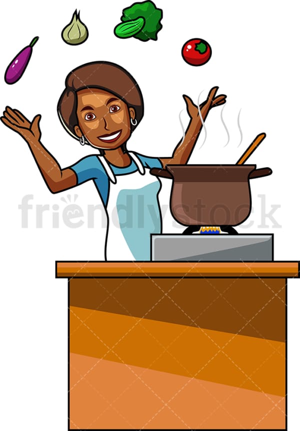 Black woman cooking with vegetables. PNG - JPG and vector EPS file formats (infinitely scalable). Image isolated on transparent background.