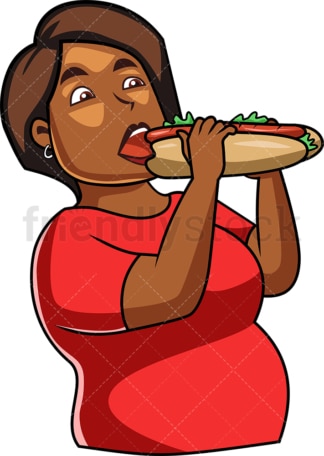 Black woman eating submarine sandwich. PNG - JPG and vector EPS file formats (infinitely scalable). Image isolated on transparent background.