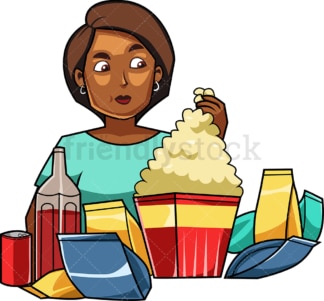 Black woman around lots of food. PNG - JPG and vector EPS file formats (infinitely scalable). Image isolated on transparent background.