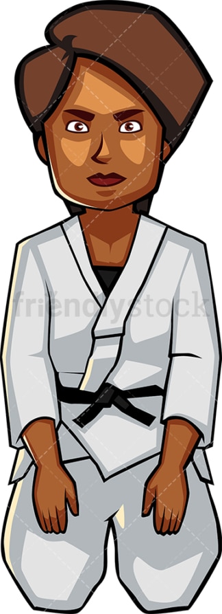Black woman holding seated karate pose. PNG - JPG and vector EPS file formats (infinitely scalable). Image isolated on transparent background.
