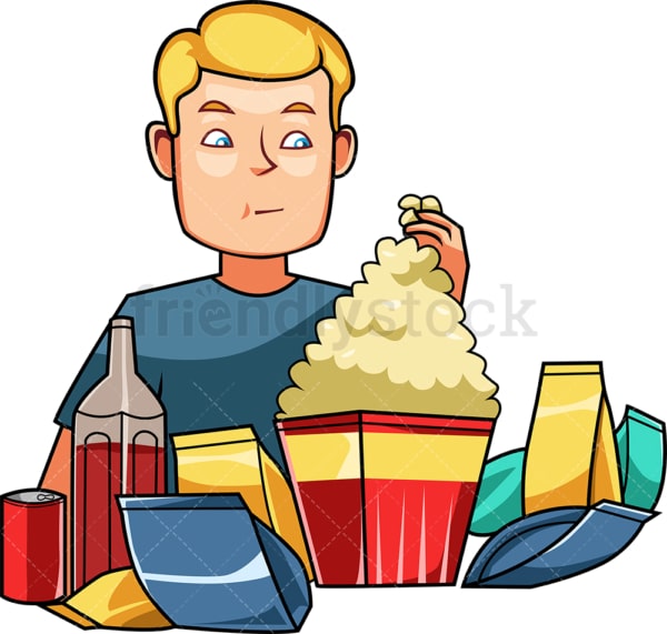 Man Surrounded By Snacks And Sodas Cartoon Vector Clipart - FriendlyStock