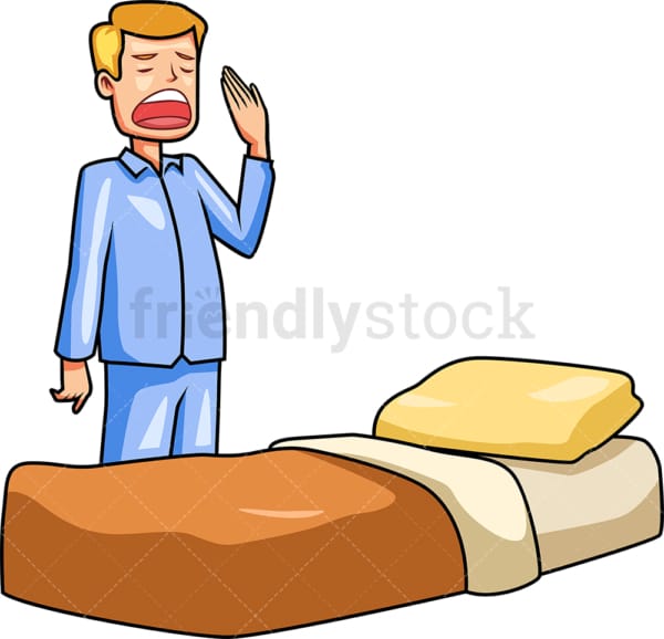Man yawning while getting into bed. PNG - JPG and vector EPS file formats (infinitely scalable). Image isolated on transparent background.