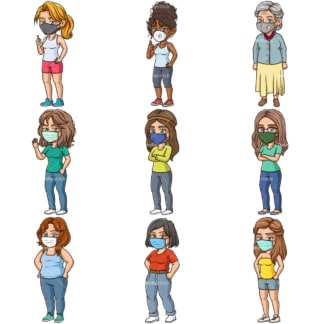 Cartoon women wearing face masks. PNG - JPG and infinitely scalable vector EPS - on white or transparent background.