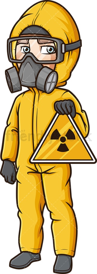 Man in hazmat suit holding nuclear warning sign. PNG - JPG and vector EPS (infinitely scalable).