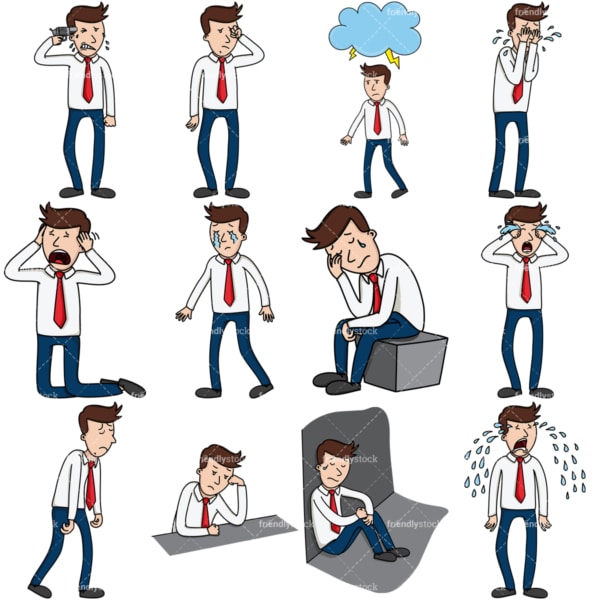 12 vector images of a businessman feeling sad & devastated. PNG - JPG and vector EPS file formats (infinitely scalable). Images isolated on transparent background.