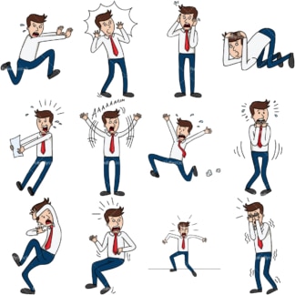 12 vector images of a frightened & panicked businessman. PNG - JPG and vector EPS file formats (infinitely scalable). Images isolated on transparent background.