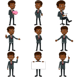 9 vector images of a black businessman with a goatee. PNG - JPG and vector EPS file formats (infinitely scalable). Images isolated on transparent background.