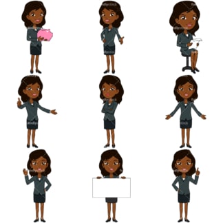 9 vector images of a black businesswoman. PNG - JPG and vector EPS file formats (infinitely scalable). Images isolated on transparent background.
