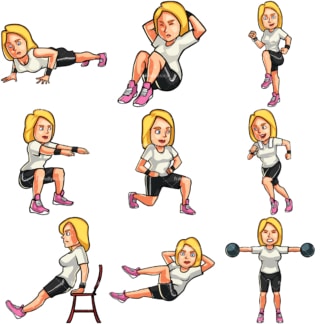9 vector images of a blonde woman working out. PNG - JPG and vector EPS file formats (infinitely scalable). Images isolated on transparent background.