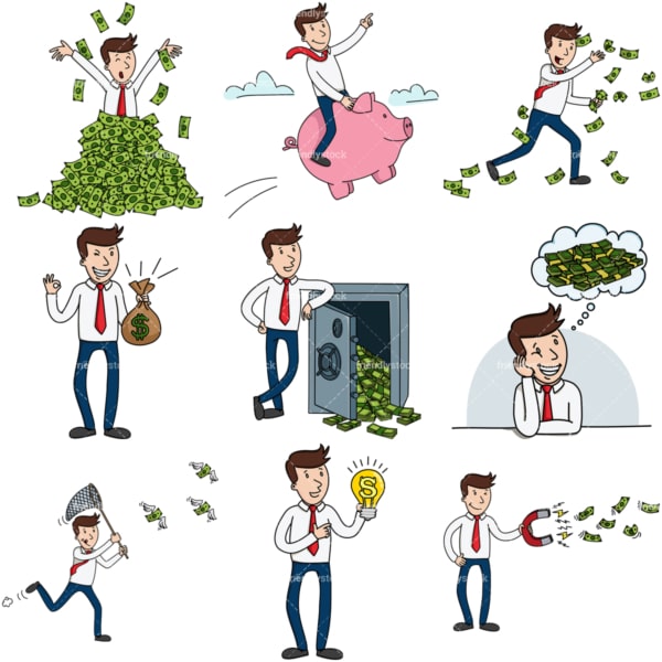 9 vector images of a wealthy & successful entrepreneur. PNG - JPG and infinitely scalable vector EPS - on white or transparent background.