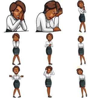 Black businesswoman in bad emotional states. PNG - JPG and vector EPS file formats (infinitely scalable). Images isolated on transparent background.
