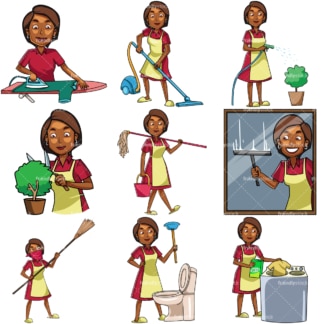 Black woman doing housework chores. PNG - JPG and vector EPS file formats (infinitely scalable). Images isolated on transparent background.